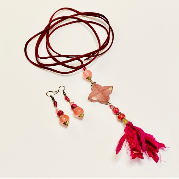 Dark Pink Mauve Rhodonite Stone Necklace & Cherry Quartz Zinfandel Earrings BOHO - Picture 12 of 15